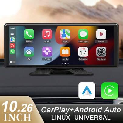 10.26英寸便携式CarPlay和Android Auto屏幕，HIPPCRON车载信息娱乐系统，宽屏显示器，适用于音乐、视频和导航，高清IPS触摸屏，支持MirrorLink/无线/AUX/FM/USB输入，12V点烟器插座供电，现代汽车配件