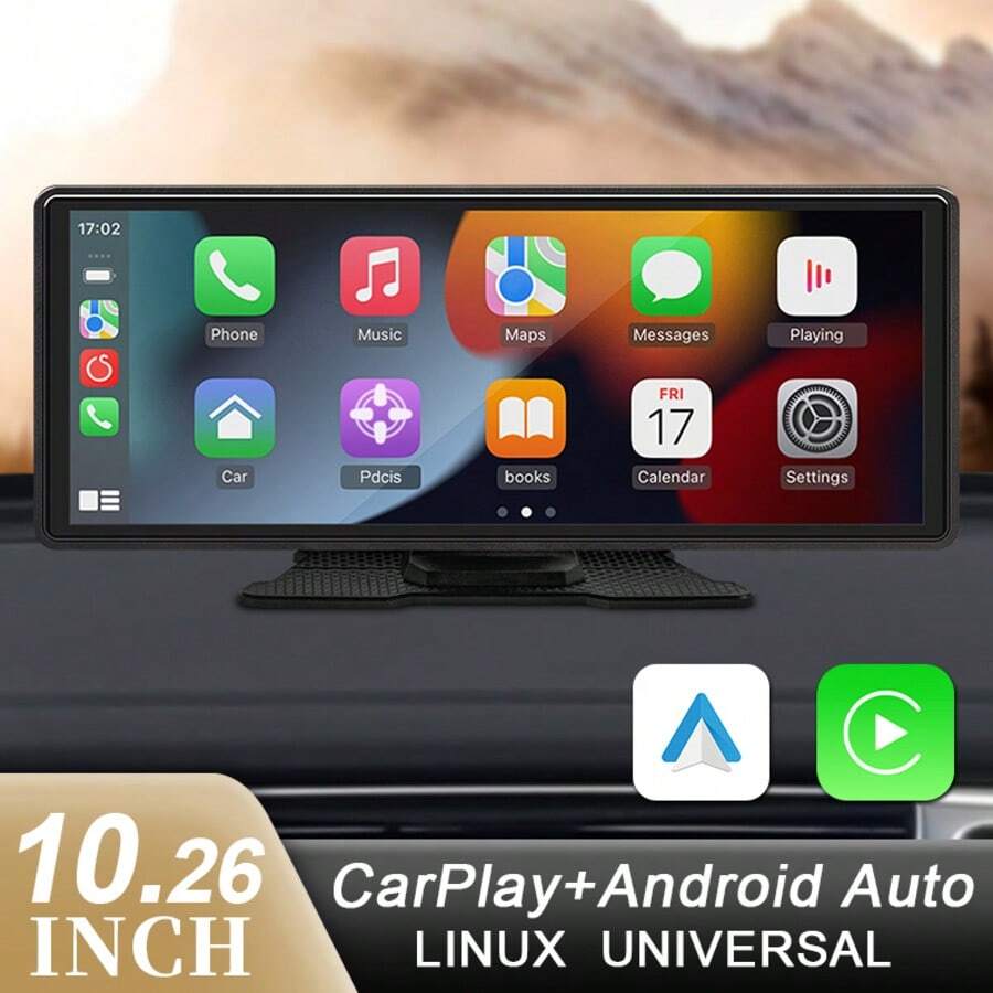 10.26英寸便携式CarPlay和Android Auto屏幕，HIPPCRON车载信息娱乐系统，宽屏显示器，适用于音乐、视频和导航，高清IPS触摸屏，支持MirrorLink/无线/AUX/FM/USB输入，12V点烟器插座供电，现代汽车配件 - 不含後視相機 - 查看 1