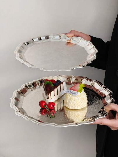 1pc High-Quality Stainless Steel Plate With Embossed Floral Pattern, French Vintage Lace Edged Stainless Steel Dessert Plate, Suitable For Cakes, Pastries, Sweets, Fruits, Jewelry Tray, Afternoon Tea, Living Room, Cafe, Restaurant