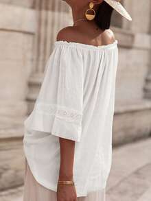 Acelitt Summer White Ruffled Off-Shoulder Lace Inlay Sleeve Pattern Blouse - White - View 3
