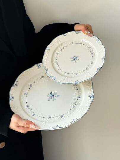 1件/2件套陶瓷餐盘，法式复古花卉浮雕手工陶瓷盘，大容量8.5英寸/10英寸陶瓷盘，适合盛放西餐、意面、牛排等——完美的餐具，也适合摄影、派对，可用于洗碗机和微波炉，商业用途。