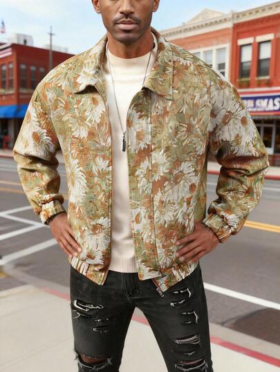 Chaqueta informal para hombre con cuello de solapa y bolsillos, confeccionada con tejido jacquard artesanal.