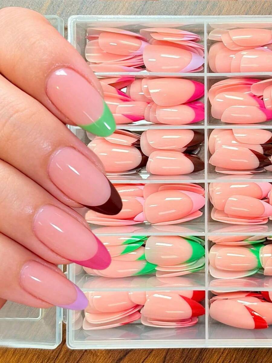 288片/盒 糖果法式粉色杏仁形美甲贴片 亚克力亮面女士假指甲贴片 全覆盖软凝胶假指甲贴片 - Follow Your Heart - 查看 1