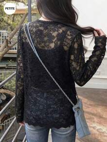 Thin Black V-Neck Long Sleeve Lace Blouse For Women, Loose Design, Sheer, Spring - Black - View 6