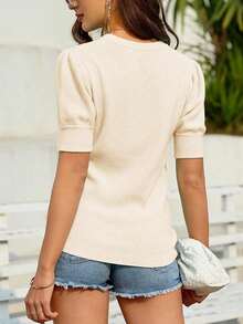 Women's Spring Summer Puff Short Sleeve Ribbed Knit Sweater V Neck Casual Pullover - Beige - View 2