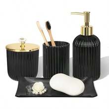 uego de accesos de baño de d negro diseño 4 piezas con dispensador de n y locion porta cepillo de dientes bandea de tocador y frasco de bo racion de baño ntage - vidrio Negro - Ver 8