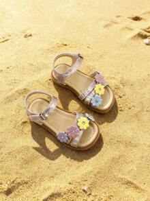 1 Pair Girls Sandals Floral Decor Open Toe Flat Sole Adjustable Strap Cute Summer Shoes - Pink - View 3