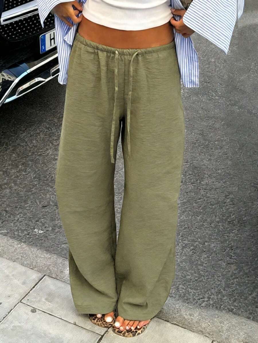 Women's Loose Fit Drawstring Waist Wide Leg Pants, Lightweight Breathable Casual Trousers, Military Green, Summer - Army Green - View 1
