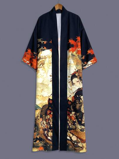 Traditional Japanese Beauty Graphic Print Mid-Length 3/4 Sleeve Kimono Cover Up Thin Jacket, Elegant Casual Loose Fit Outerwear For Women, Suitable For Beach, Travel, Resort, Loungewear, Robe, Party Black Spring