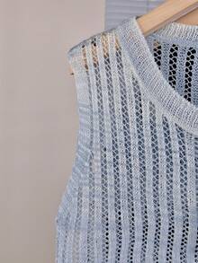 V-Neck Hollow Out Knit Vest For Women, Loose Vertical Striped Sleeveless Cardigan For Summer - Blue-gray - View 6
