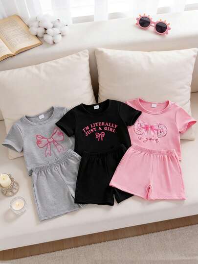 3pcs Girls' Summer Casual Simple Pink, Black, Gray Round Neck Printed Short Sleeve T-Shirts, Suitable For Daily Wear And School Wear