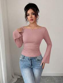 Women's Spring Fall Long Sleeve Shirts Crop Going Out Tops Casual Boat Neck Bell Sleeve Ribbed Ruched Y2K Clothes - Gray Pink - View 3