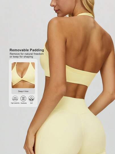 Sodalemon 女士扭结后背加厚衬垫运动文胸，适合健身房、户外跑步，纯色挂脖式运动文胸