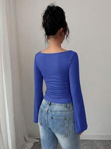 Women's Spring Fall Long Sleeve Shirts Crop Going Out Tops Casual Boat Neck Bell Sleeve Ribbed Ruched Y2K Clothes - Royal Blue - View 2