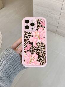 1pc Pink Leopard Lily Flower Minimalist Full Coverage TPU Shockproof Phone Case Compatible With Apple 17, 16, 15, 14, 13, 12, 11 Pro Max, Air, Series - Multicolor - View 4
