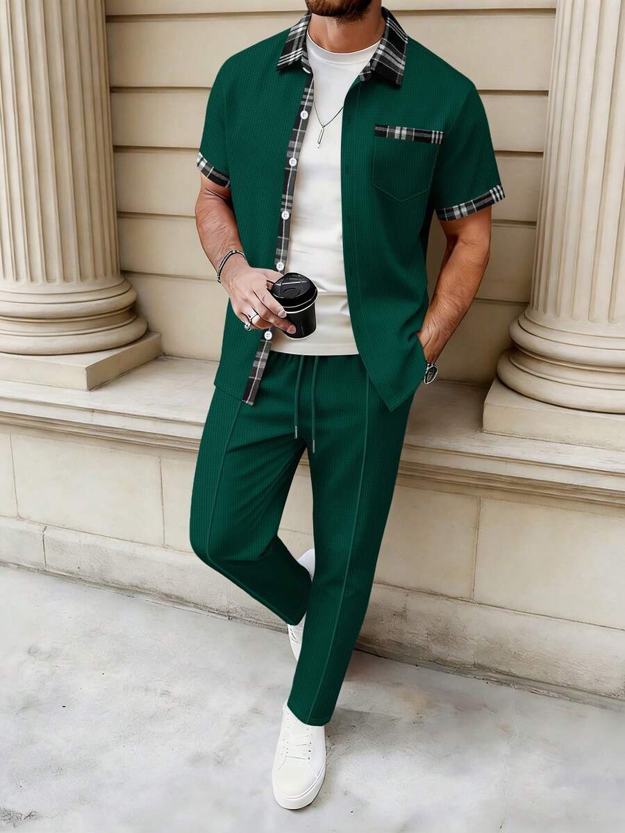 2pcs Men's Casual Plaid Pattern Single-Breasted Collared Shirt + Pants Set, Suitable For Spring/Summer Daily Outings, Dates, Vacations - 墨綠色 - 查看 1