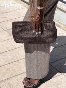 女士手工编织草编沙滩包，波西米亚风时尚手提包，拉菲草编织信封包，女士单肩包 - 彩色 - 查看 9