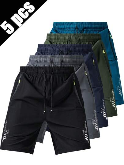 Set de 5 pantalones cortos con cordón, cintura elástica y ajuste holgado con costuras de 5 pulgadas, con estampado reflectante y bolsillos con cremallera, pantalones cortos deportivos de estilo callejero para uso diario y atuendos de vacaciones en verano