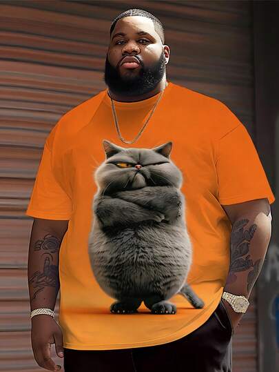Plus Size Men Casual Sports Round Neck T-Shirt, Polyester Knit Fabric Comfortable Breathable, Daily Versatile Fashion Casual Series "Fat Cat" Graphic Novelty Top