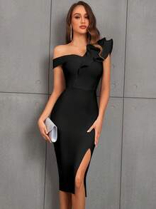 Đầm dự tiệc cocktail ôm sát, xẻ tà, viền bèo nhún, trễ vai - màu đen - Xem 4