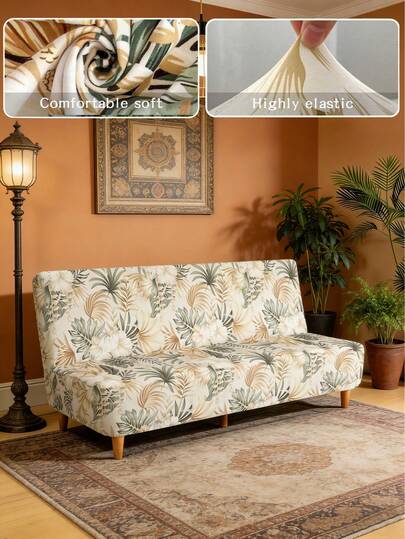 1pc Floral Print Milk Silk Armless Folding Sofa Bed Cover, Elastic Full Cover Dustproof All Season Home Use For Bedroom & Living Room