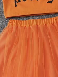 2pcs/Set Girls Fashion Outfit, Orange Letter Strap Top + Tulle Princess Skirt Set, Suitable For Casual, Holiday, Summer Wear - Coral Orange - View 4