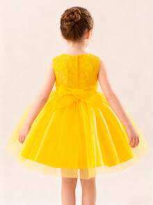 Robe mi-longue blanche élégante pour fille, en dentelle brodée, sans manches. Convient pour demoiselle d'honneur, mariage, fête, anniversaire, danse classique - Jaune citron - Voir 3