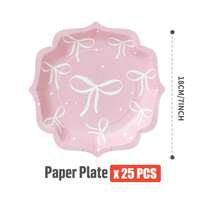 100/25/10er Set rosa Schleifen-Blütenblatt-förmige Einwegteller, Servietten, Becher, Einweg-Partyartikel-Set, geeignet für 25 Gäste, Einweg-Papierteller Party-Tischwaren geeignet für Geburtstag, Hochzeit, Themenparty, Familienpicknick - Verschiedenfarbig - Übersicht 10