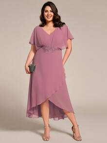 Plus Size Elegant Embroidered Applique Cocktail Dress, Formal Party Dress, Mother Of The Bride Dress Wedding - Dusty Pink - View 1