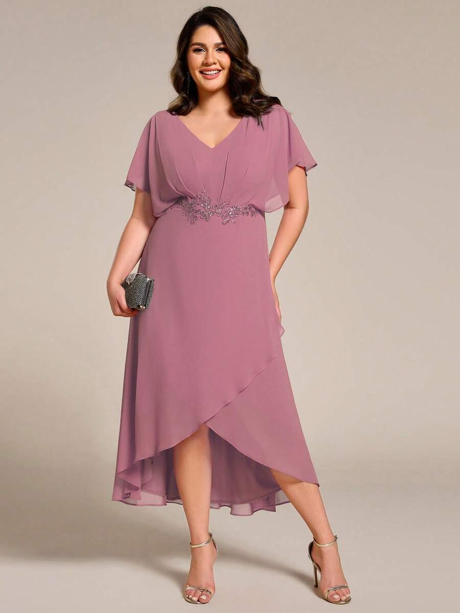 Plus Size Elegant Embroidered Applique Cocktail Dress, Formal Party Dress, Mother Of The Bride Dress Wedding - Dusty Pink - View 1