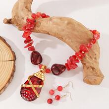 1 Set Exaggerated Multi-Layer Handmade Aluminum Wire Woven Resin Acrylic Chain Bohemian European Middle Eastern Style Elegant Crystal Shape Necklace & Earrings Set, Suitable For Evening Party, Vacation - Red - View 4