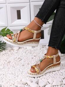 女士时尚圆头串珠波西米亚风厚底坡跟凉鞋 - 米色 - 查看 4