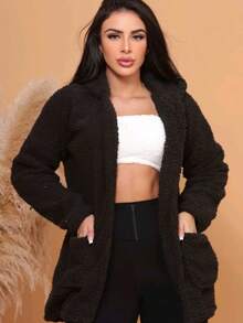 Simple Casual Party Woolen Fabric Fuzzy Coat Everyday Winter - 黑色 - 查看 1