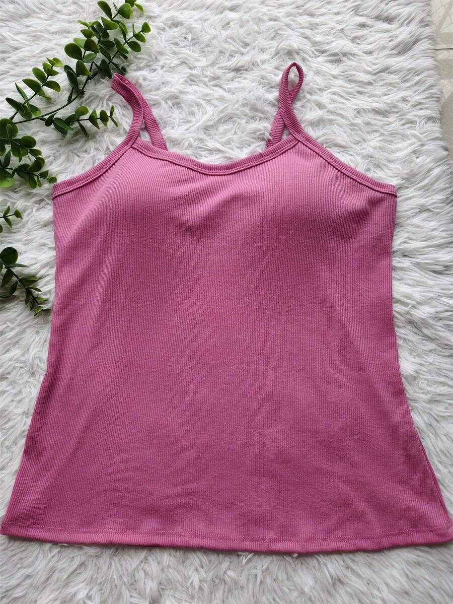 Women's Ribbed Tank Top With Thin Straps And Padded Cups - Pink 2 - View 1