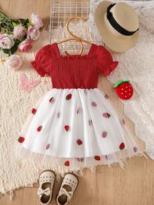 1pc Girls Casual Solid Color Soft Comfortable Jacquard Fabric Strawberry Pattern Mesh Puff Sleeve Mid-Length Dress, Suitable For Outdoor Wear, Spring/Summer - Multicolor - View 3