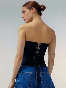 Women's Corset Tops Solid Color Hook And Eye Closure Front Bandeau Strapless Cropped Tops - Black - View 4