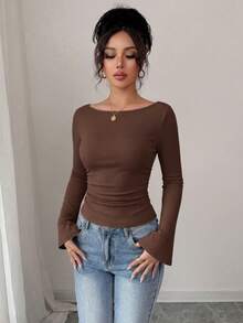 Women's Spring Fall Long Sleeve Shirts Crop Going Out Tops Casual Boat Neck Bell Sleeve Ribbed Ruched Y2K Clothes - Brown - View 6