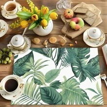 Bộ 1/4/6 tấm lót bàn ăn bằng vải lanh họa tiết lá cây, thích hợp cho bàn ăn, trang trí quanh năm, thảm trải bàn hiện đại có thể giặt được, trang trí phòng, lót ly, thảm ăn nhà bếp, trang trí tiệc trong nhà và ngoài trời, trang trí nhà cửa, quà tặng lý tưởng. - Nhiều màu - Xem 3