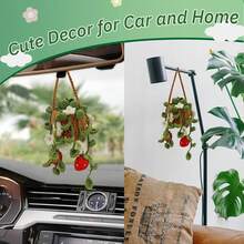 Crochet Hanging Plant For Car,Car Decorations Interior,Plant Aesthetic Car Accessories For Women Interior Cute,Car Ornaments Charms For Rear View Mirror,Boho Car Decoration Gifts - 薄荷綠葉草莓 - 查看 4