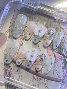 10件/組夏季熱銷手工美甲貼片－Coquette Y2K 風格長杏仁形透明裸色底色，星星印花、3D 天使翅膀、蝴蝶結與水鑽裝飾，奢華可愛假指甲套組，含膠水與迷你指甲锉，手工穿戴式美甲 - Follow Your Heart - 查看 1