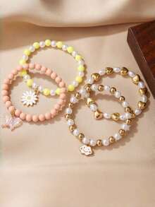 4pcs/Set Butterfly, Heart, Smiling Face, Pearl, Heart, Daisy Charm Bracelet Set For Girl & Girls - Multicolor - View 4