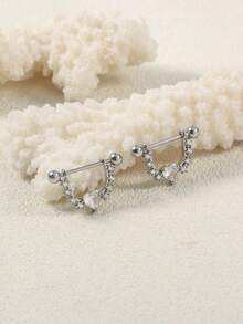 1 par de pendientes de botón con corazón de circonita de acero inoxidable para mujer, accesorio de perforación punk para uso diario - Plateado - Ver 4