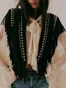 Women's Studded Suede Vest 70s Hippie Outfit Sleeveless Open Front Tassel Vest Collar - màu đen - Xem 3