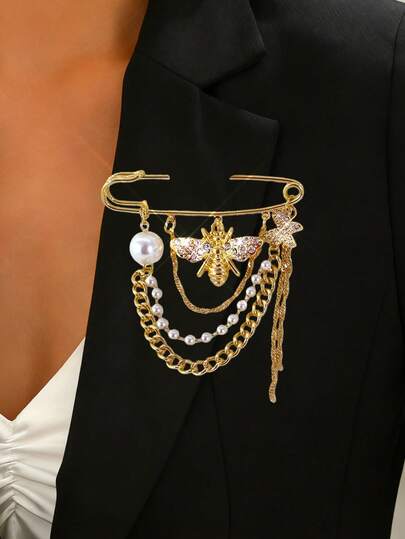 1pc Gold Bee & Butterfly Rhinestone Brooch With Layered Chain, Pearl Tassel, Vintage Style Safety Pin, Suitable For Wearing With Blazer, Dress, Scarf, Sweater, Formal Outfit, Fashion Jewelry Accessory, Gift For Women