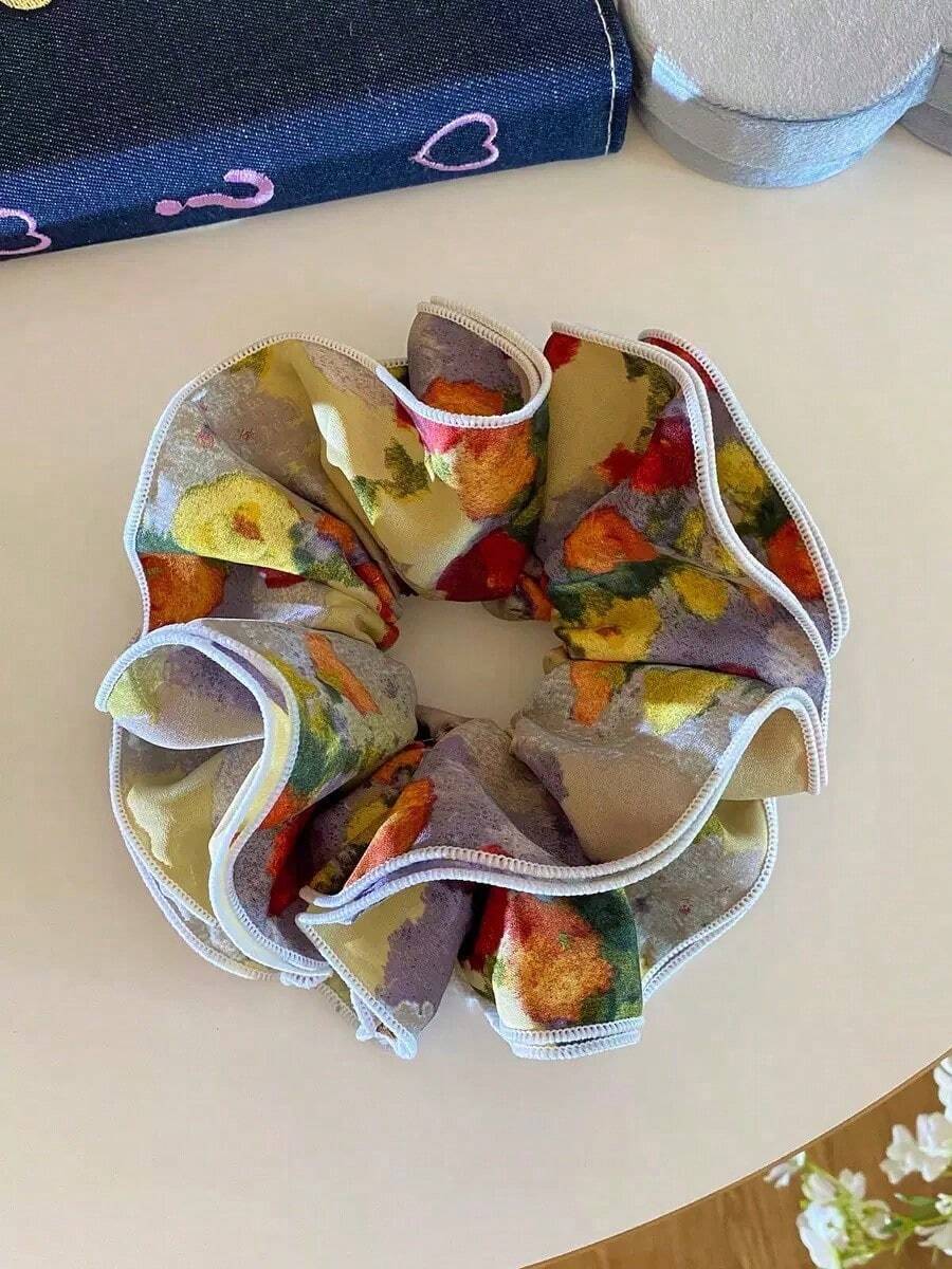 1pc Double Layer Tie Dye Print Pleated Scrunchie, Fashion Creative Daily Commute Hair Accessory - Multicolor - View 1