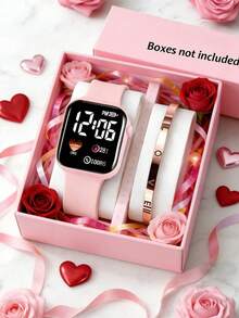 2/1件装优雅可爱时尚女士方形数字粉色电子表，配LOVE手链，适合派对、外出、旅行时查看时间，也是情人节、返校季、复活节、感恩节和各种节日的理想礼物。 - 彩色 - 查看 11