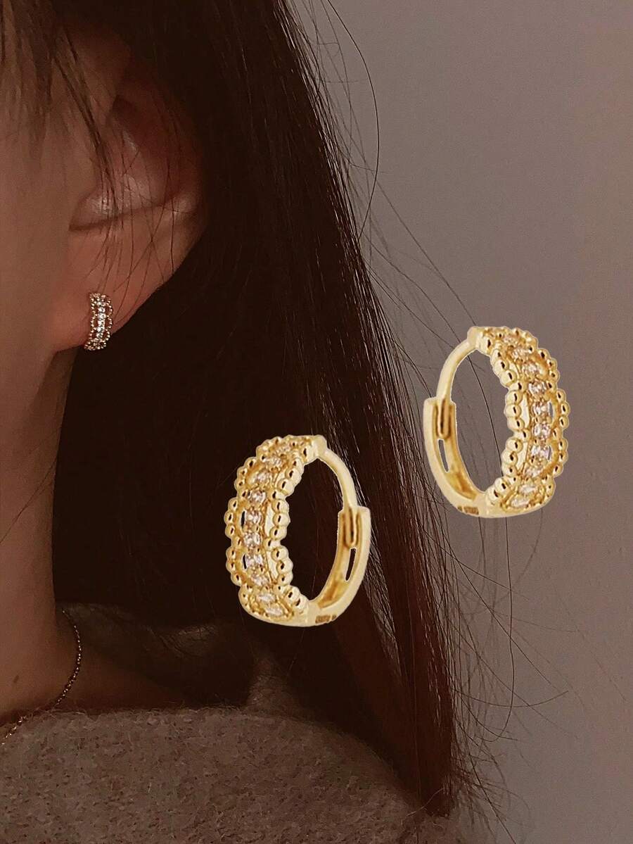 1 Pair S925 Sterling Silver Lace Edged Earrings, Personalized Design, Minimalist & Versatile, Rhinestone Embellished, Elegant Office/Commute Jewelry Gift For Women - Round - View 1