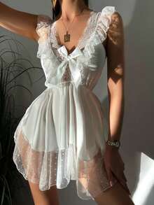 Polka Dot Mesh Stitch Sleep Dress, V-Neck Backless Bow Sleeveless Sleep Dress, Women's Pajamas And Dresses  Contrast Lace  Sheer  Contrast Binding - 白色 - 查看 3