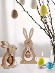 Set de 2 piezas Decoración apilable de conejo y huevo de madera lindos, decoración alegre de primavera para el hogar y fiestas - Edición del Conejito de Pascua - Ver 9