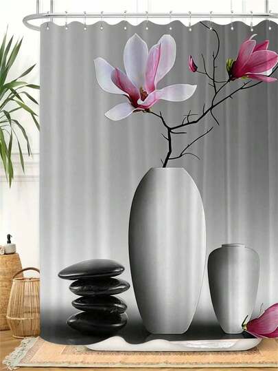 Elegant Nordic Style Magnolia Flower Vase Pattern Shower Curtain - Waterproof, Anti-Fog, With Hooks, Machine Washable, Polyester Bathroom Decor